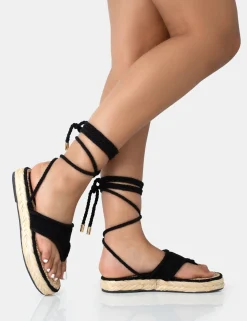 Public Desire Laguna Beach Towelling Flip Flop Raffia Sandals Black Fashion