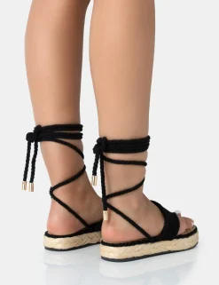 Public Desire Laguna Beach Towelling Flip Flop Raffia Sandals Black Fashion