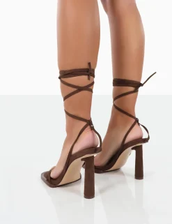 Public Desire Lamour Immi Suede Square Toe Lace Up High Heels Chocolate Flash Sale