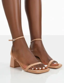 Public Desire Lane Raffia Strappy Mid Block Heeled Sandals Nude Cheap