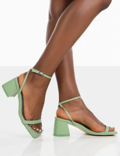 Public Desire Lane Raffia Strappy Mid Block Heeled Sandals Mint Hot