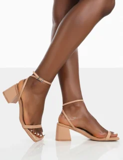 Public Desire Lane Raffia Strappy Mid Block Heeled Sandals Nude Cheap