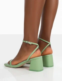Public Desire Lane Raffia Strappy Mid Block Heeled Sandals Mint Hot