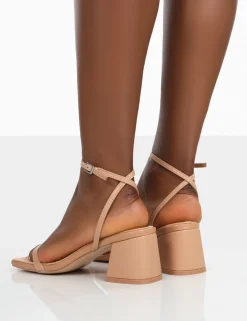 Public Desire Lane Raffia Strappy Mid Block Heeled Sandals Nude Cheap