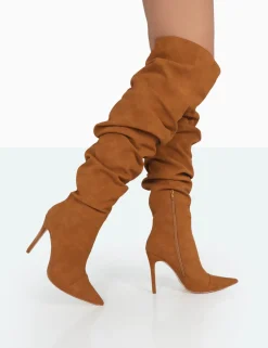 Public Desire Lariza Faux Suede Pointed Toe Stiletto Over The Knee Boots Tan Store