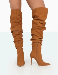 Public Desire Lariza Faux Suede Pointed Toe Stiletto Over The Knee Boots Tan Store