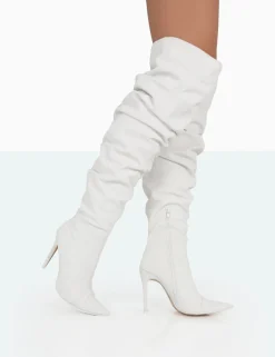 Public Desire Lariza Off Faux Suede Pointed Toe Stiletto Over The Knee Boots White Flash Sale