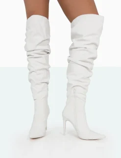 Public Desire Lariza Off Faux Suede Pointed Toe Stiletto Over The Knee Boots White Flash Sale