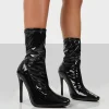 Public Desire Lars Patent Wide Fit Sock High Heeled Stiletto Ankle Boots Black Hot