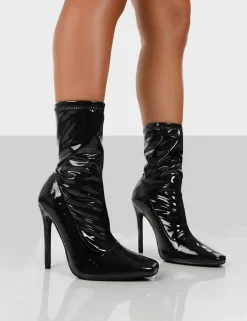 Public Desire Lars Patent Wide Fit Sock High Heeled Stiletto Ankle Boots Black Hot
