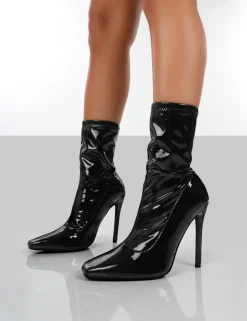 Public Desire Lars Patent Wide Fit Sock High Heeled Stiletto Ankle Boots Black Hot