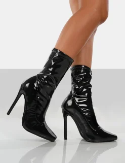 Public Desire Lars Patent Wide Fit Sock High Heeled Stiletto Ankle Boots Black Hot