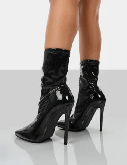 Public Desire Lars Patent Wide Fit Sock High Heeled Stiletto Ankle Boots Black Hot