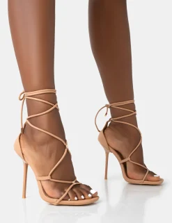Public Desire Leilani Natural Pu Strappy Lace Up Square Toe Stiletto Heels Nude Clearance