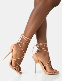 Public Desire Leilani Natural Pu Strappy Lace Up Square Toe Stiletto Heels Nude Clearance