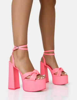Public Desire Leo Edition Neon Round Toe Platform Block Heels Pink Flash Sale