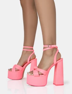 Public Desire Leo Edition Neon Round Toe Platform Block Heels Pink Flash Sale