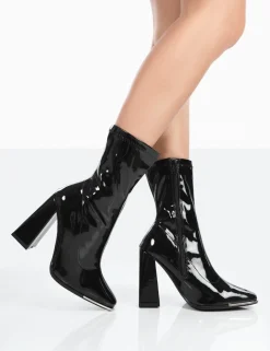 Public Desire Liberty Black Patent Sock Block Heeled Ankle Boots Best Sale