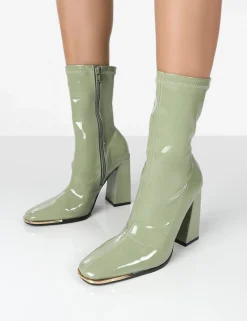 Public Desire Liberty Pu Sock High Heeled Ankle Boots Green Cheap