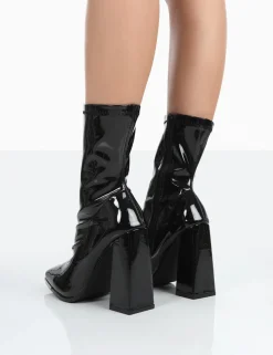 Public Desire Liberty Wide Fit Patent Sock Block Heeled Ankle Boots Black Sale