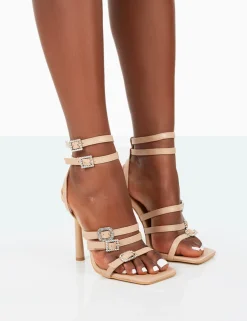 Public Desire Lindsey Pu Strappy Square Toe Stiletto Heels Nude Sale