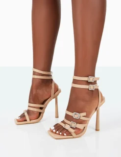 Public Desire Lindsey Pu Strappy Square Toe Stiletto Heels Nude Sale