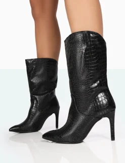 Public Desire Lisel Wide Fit Croc Pu Pointed Toe Stiletto Heeled Ankle Boots Black Clearance