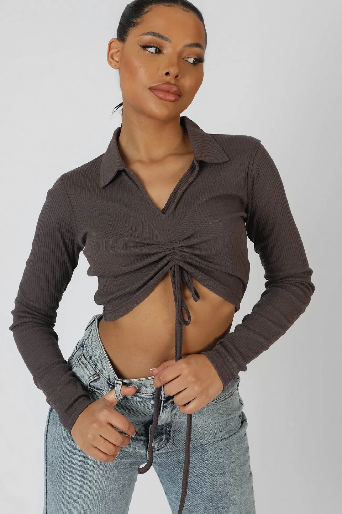 Public Desire Long Sleeve Collar Ruched Top Taupe Cheap
