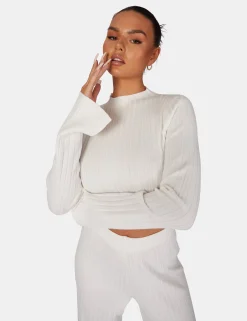 Public Desire Long Sleeve High Neck Ribbed Knitted Crop Top White Flash Sale