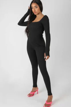 Public Desire Long Sleeve Square Neck Ribbed Jumpsuit Black Best