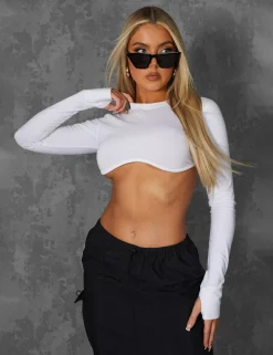 Public Desire Long Sleeve Underbust Crop Top White Cheap