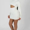Public Desire Long Sleeve Waist Cut Out Mini Dress Ivory Clearance
