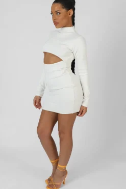 Public Desire Long Sleeve Waist Cut Out Mini Dress Ivory Clearance
