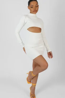Public Desire Long Sleeve Waist Cut Out Mini Dress Ivory Clearance
