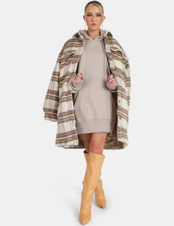 Public Desire Longline Soft Touch Check Shacket Ecru New