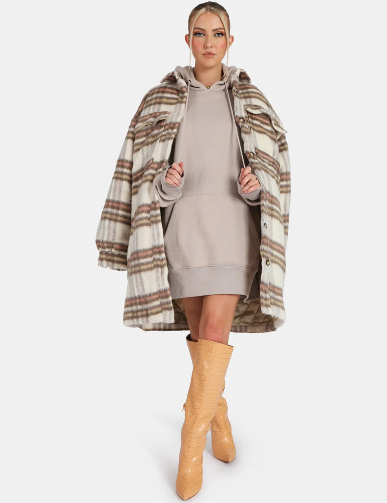 Public Desire Longline Soft Touch Check Shacket Ecru New