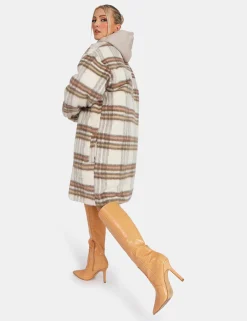 Public Desire Longline Soft Touch Check Shacket Ecru New