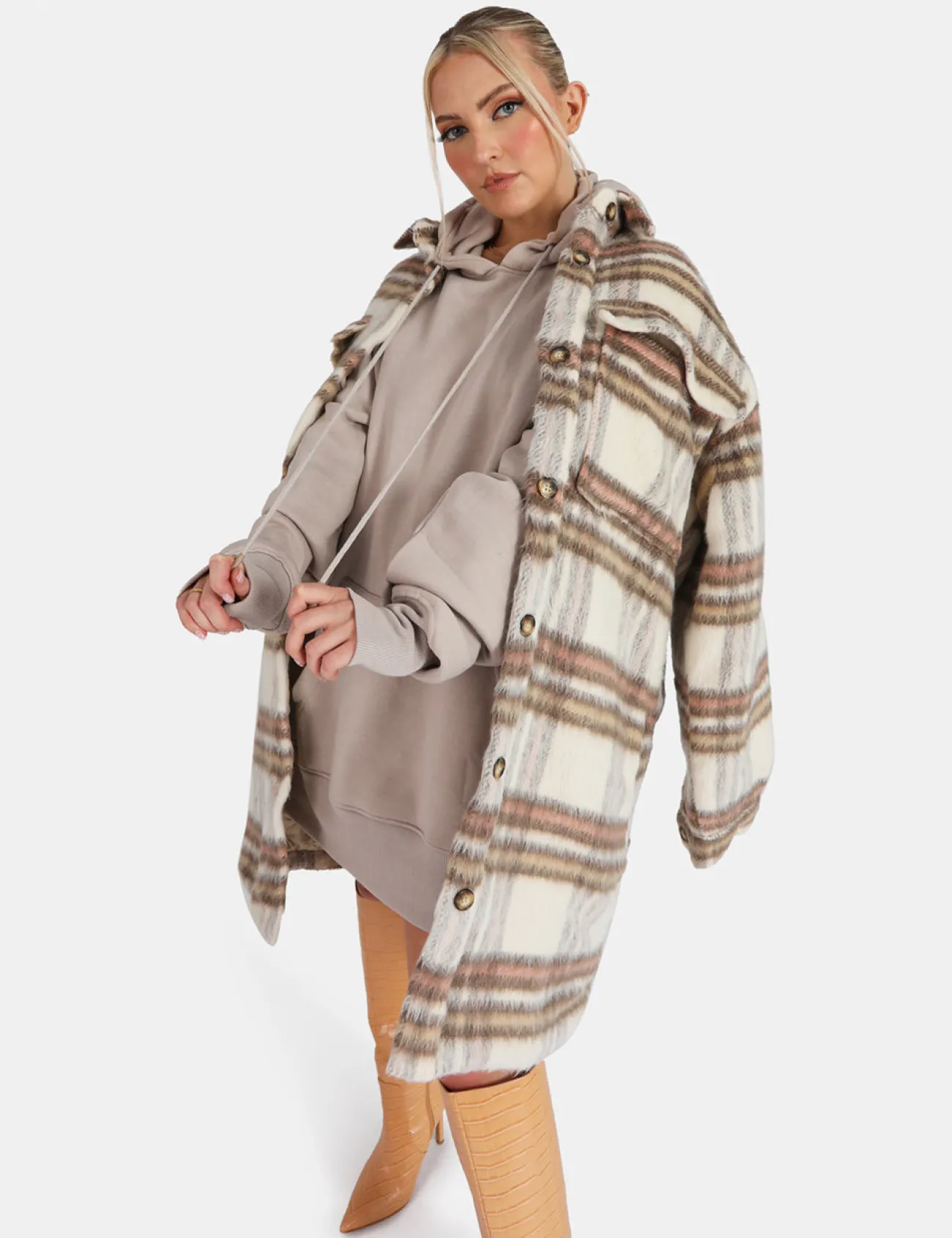Public Desire Longline Soft Touch Check Shacket Ecru New