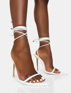 Public Desire Look Back Pu Pointed Toe Lace Up Stiletto Heels White Flash Sale