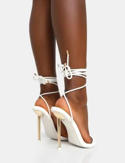 Public Desire Look Back Pu Pointed Toe Lace Up Stiletto Heels White Flash Sale
