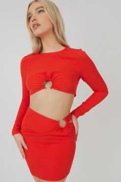 Public Desire Loop Ruched Metal Hardware Crop Top Red Hot