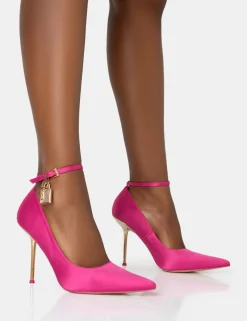 Public Desire Lotty Hot Pink Satin Padlock Ankle Detail Court Stiletto Heels Hotpink Cheap
