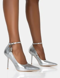 Public Desire Lotty Metallic Padlock Ankle Detail Court Stiletto Heels Silver New