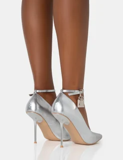 Public Desire Lotty Metallic Padlock Ankle Detail Court Stiletto Heels Silver New