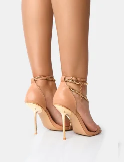 Public Desire Loyal Pu Chain Detail Square Toe Gold Stiletto Heels Nude Shop