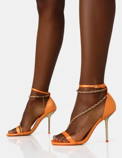 Public Desire Loyal Satin Chain Detail Square Toe Gold Stiletto Heels Orange Best Sale