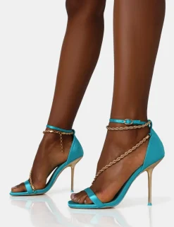 Public Desire Loyal Satin Chain Detail Square Toe Gold Stiletto Heels Blue Cheap