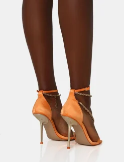Public Desire Loyal Satin Chain Detail Square Toe Gold Stiletto Heels Orange Best Sale