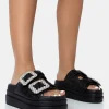 Public Desire Lozzy Pu Diamante Buckle Double Strap Platform Slider Sandals Black Flash Sale