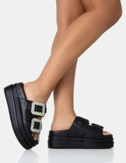 Public Desire Lozzy Pu Diamante Buckle Double Strap Platform Slider Sandals Black Flash Sale